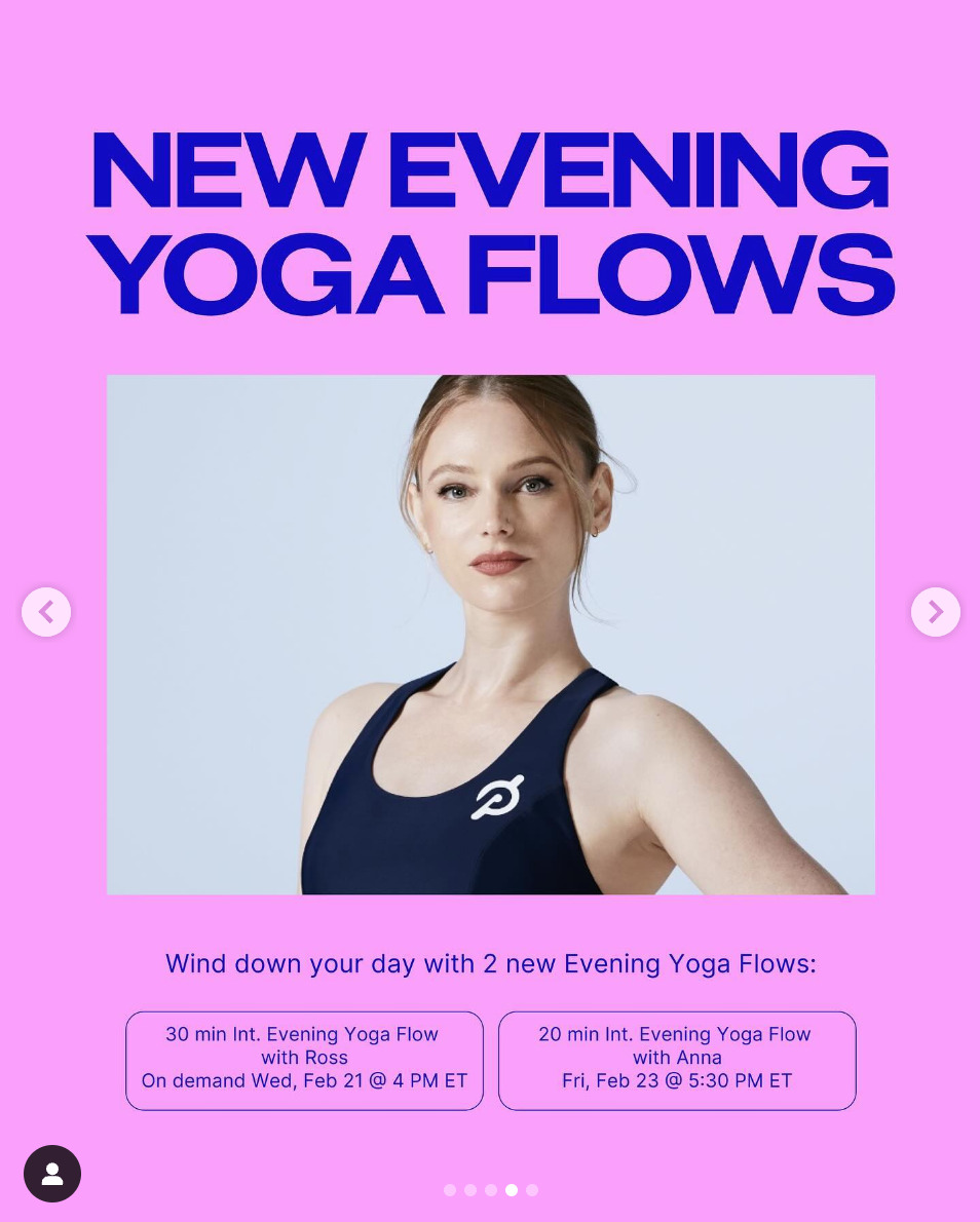 Peloton's "This Week at Peloton" Instagram post highlighting new evening yoga flows. Image credit Peloton social media.